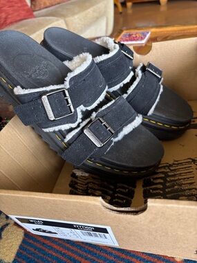 Dr. Martens Black Suede Shearling Buckle Platform Slides